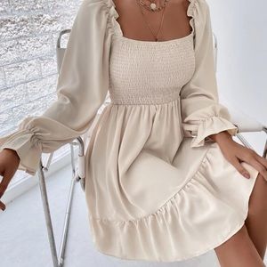Square Neck Shirred Bodice Flounce Sleeve Ruffle Hem Dress